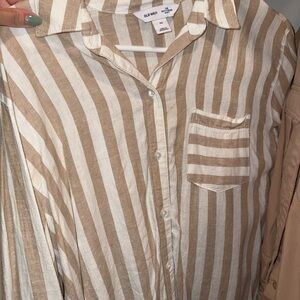 Old Navy Tan and White Striped Boyfriend Shirt
